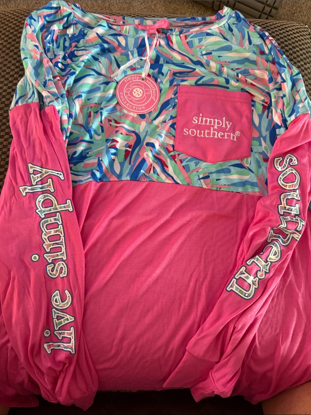 Simply Southern Pink Long Sleeve Top with Multicolor Printed Yoke